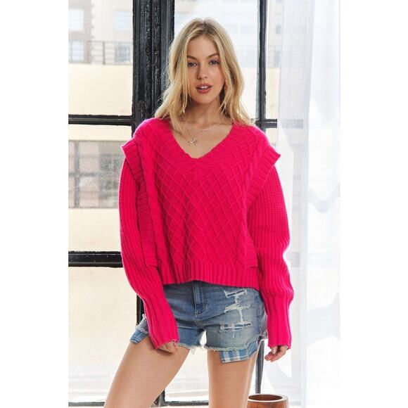 ADORA Long Sleeves V-Neck Ruffle Detail Adorable Rib Pullover Sweater | Hot Pink - Picture 4 of 7